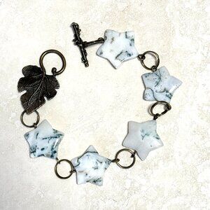 2/$20, Genuine White Green Tree Agate Bracelet, Gemstone Star +Bronze Grape Leaf